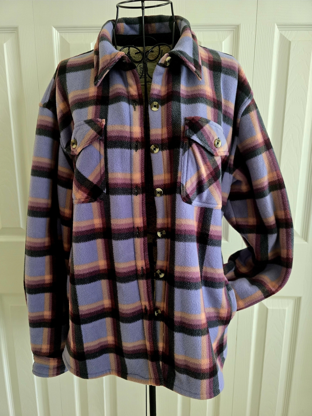 Ladie's COZY Plaid Fleece Button-Down Shirt Jacket in Lavender and Pink